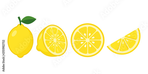Fotografía Fresh yellow lemon collection with whole half slice and wedge vector illustratio