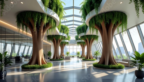 Modern Sustainable Office Interior With Tree Trunk Pillars And Ivy Glass Ceiling