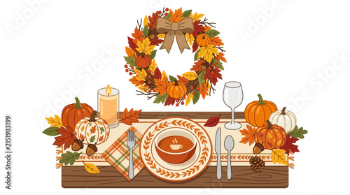 Autumn harvest dinner table setting with a bowl of soup, pumpkins, candles, and fall leaves, complemented by a decorative wreath hanging above.