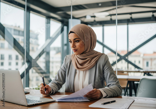 Happy muslim businesswoman in hijab at office workplace. Smiling Arabic woman working on laptop.