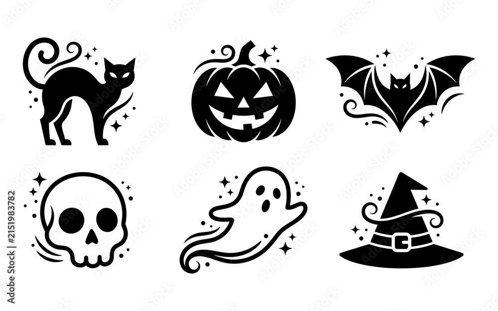 Fototapeta premium A collection of black and white vector icons featuring classic halloween symbols like pumpkins cats bats skulls ghosts and witch hats for seasonal holiday designs