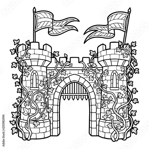 Canvas Print A black and white line of a medieval stone castle gatehouse with two tall towers