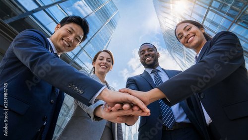 Low Angle View of Diverse Business Team Joining Hands Under Skyscraper