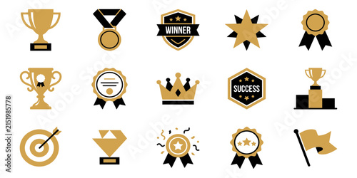 Bild auf Leinwand Golden icons depicting trophies stars and badges against a black background achi