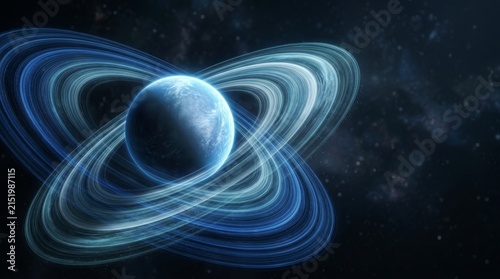 Mystical Blue Planet with Glowing Energy Rings in Space.