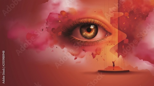 Modern editorial art features abstract shapes and an eye with a shape of a person on a stage in a vibrant scene
