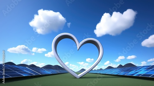 Modern heart shaped panel field near solar panels under blue sky and clouds