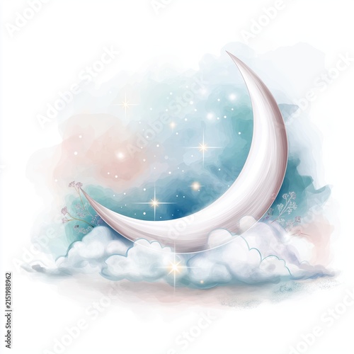 Moon and clouds with stars sparkling in the night sky with soft colors and gentle patterns in watercolor style
