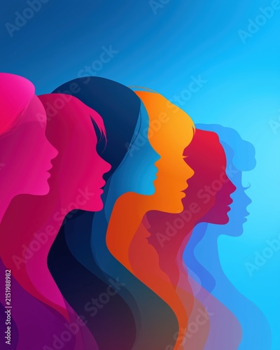 Multiple women's profiles in bold colors against a blue background represent diversity and unity in their expressions and identities