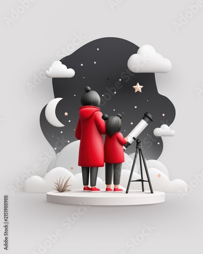 Mother and child observe the night sky with a telescope in a cozy outdoor scene