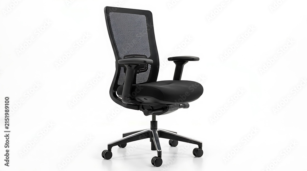 Obraz premium Modern black ergonomic office chair with mesh back isolated on white background