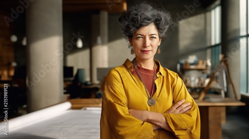 Portrait of a woman in modern workspace with natural light during the day highlighting her confident posture and style