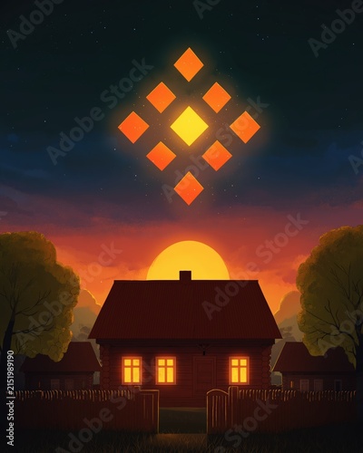 Rural landscape with a house and sunset under a warm sky in a Slavic setting