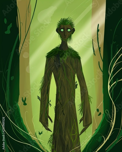 Slavic forest spirit stands in earthy green landscape surrounded by tall trees and plants in a vibrant woodland setting