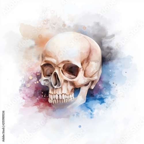 Skull in muted watercolor style reflects themes from Hamlet during a quiet moment of contemplation in a creative space