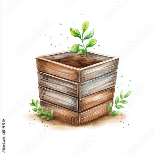 Sketchy clipart of a wooden planter with a small plant growing in soil on a white background