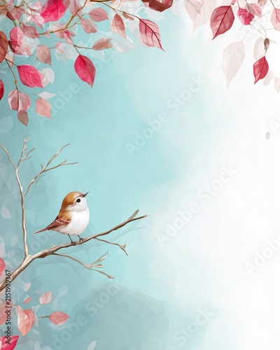 Small bird sits on a branch surrounded by autumn leaves under a clear blue sky