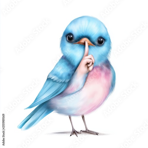 Small blue bird with a finger on its beak sitting on a white background signaling to be quiet and calm amid its surroundings