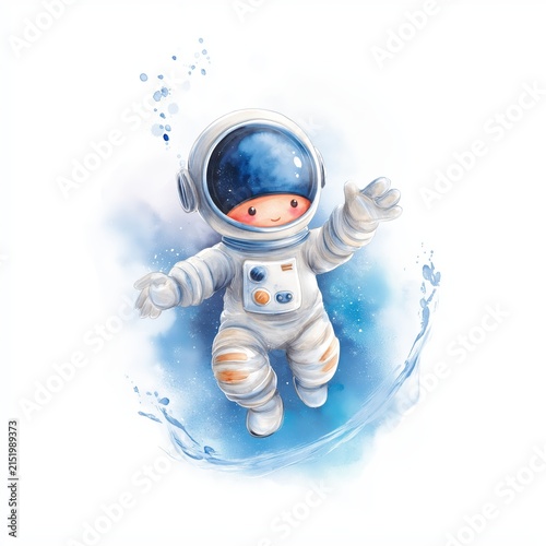 Small floating astronaut figure with a cheerful expression and a playful pose in a cosmic scene