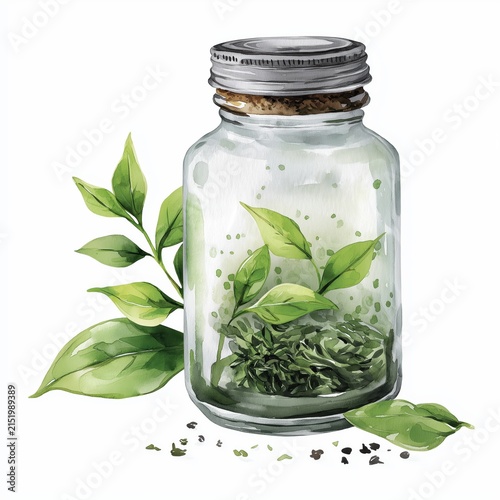 Small glass jar filled with herbs and leaves on white background showing simple design for decoration or use in kitchen