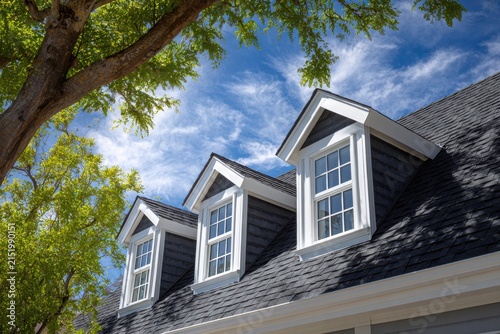 Grey shingled roof with dormer windows and bright blue sky exterior architectural detail asphalt shingles