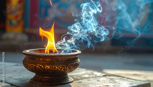 Ornate Brass Incense Burner Glowing with Flame and Smoke in Temple Setting