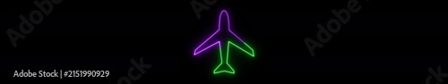 Ultrawide Neon Airplane Icon Animation – Glowing Aviation Aircraft Symbol on Black Background, Flight Travel Interface, Seamless Loop Widescreen Motion Graphic in 4K with Alpha
