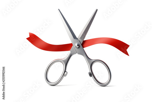 Shiny Metallic Chrome Scissors Cutting Red Ribbon in Two, Loose Ends Visible