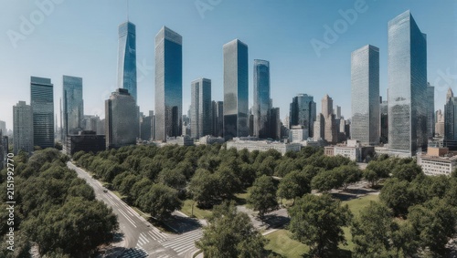Cityscape View of Chicago Skyline Over Lush Green Park.