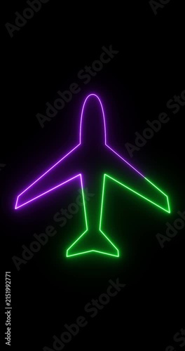Vertical Neon Airplane Icon Animation – Glowing Flight Symbol on Black Background, Aviation Travel UI Element, Seamless Loop Overlay, 4K Vertical Motion Graphic with Alpha
