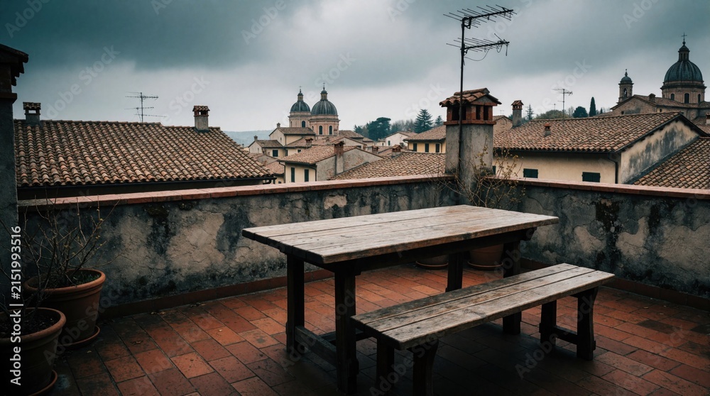 Obraz premium Empty wooden table and bench sit on tiled rooftop overlooking aged Italian town with tiled roofs and domed church. Cloudy sky looms over cityscape.