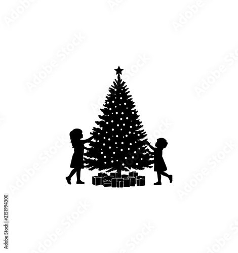 Two children decorating a star-topped christmas tree with wrapped presents beneath on white background