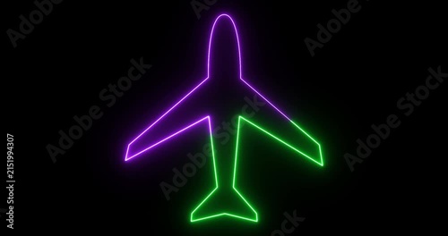 Neon Airplane Icon Animation on Black Background – Glowing Aircraft Symbol, Aviation Travel Logo, Flight UI Icon, Seamless Loop Motion Graphic in 4K with Alpha
