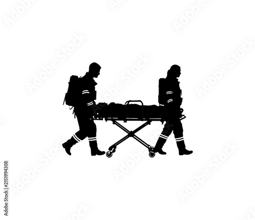 Two paramedics transporting a patient on a stretcher in black silhouette style emergency medical services
