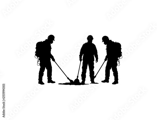 Three silhouetted hikers using a rope to drag a large log through a forest, black and white black and white silhouette