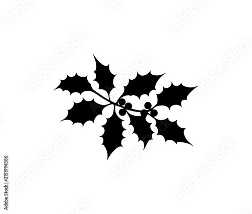 Symmetrical holly branch with five glossy red berries and spiky green leaves on transparent background