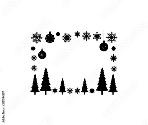 Winter holiday featuring snowflakes, christmas ornaments, and pine trees on transparent background, black silhouette winter scene
