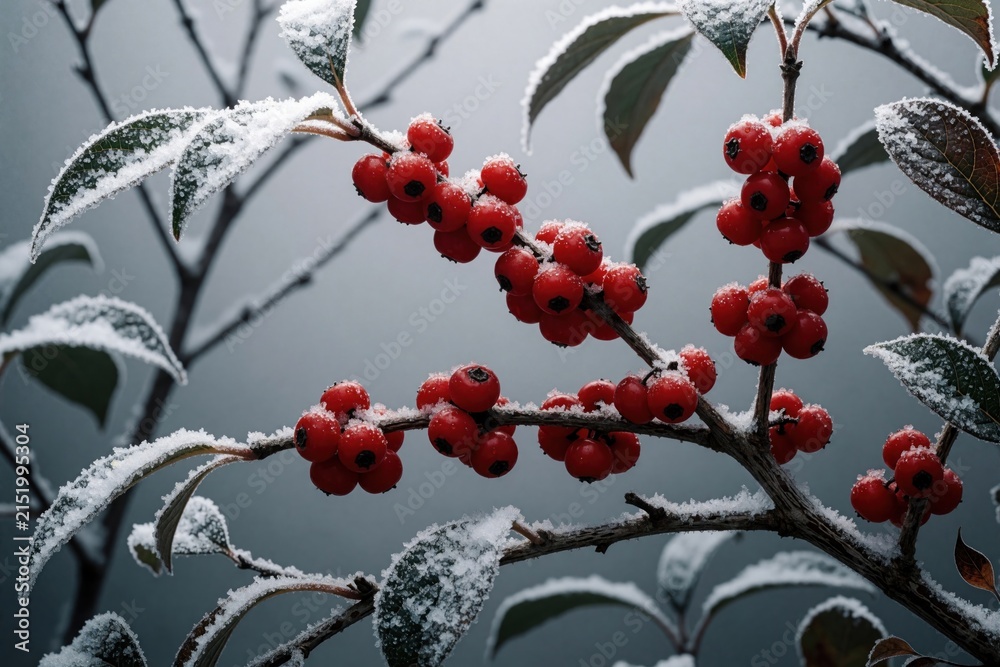 Obraz premium Red holly berries grow on frosted branches. Winter plants display bright fruit covered in snow and ice. Nature scene shows cold weather and seasonal harvest. Garden shrub with winter foliage.