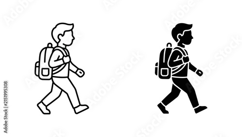 School boy walking with backpack icon set
