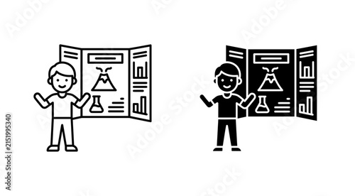 School science fair project display board with student icon set