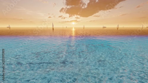 Clear Tropical Ocean with School of Fish and Sailing Boats