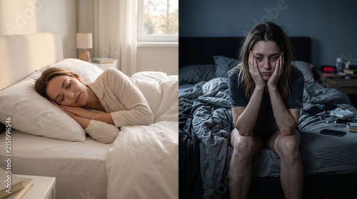 Woman sleeping peacefully and sitting in distress on bed.