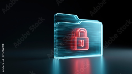 Digital folder icon with a red padlock overlay, symbolizing data security and protection. The glowing blue outline and binary code accents create a futuristic and technological aesthetic