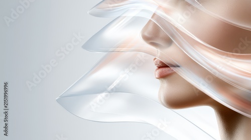 A profile shot of a woman's face, with soft, ethereal wisps of light and color flowing around it, creating a dreamlike and sophisticated aesthetic