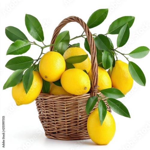 Fresh Lemons in Wicker Basket with Green Leaves