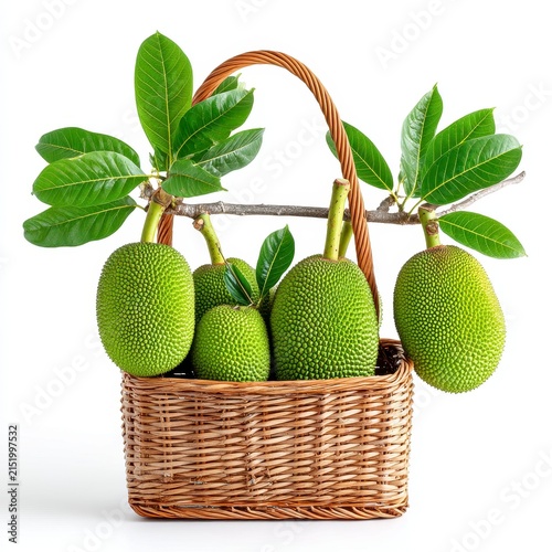 Green Jackfruits in Wicker Basket on White Background
