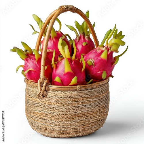 Pink Dragon Fruits in Rustic Woven Basket Against White Background