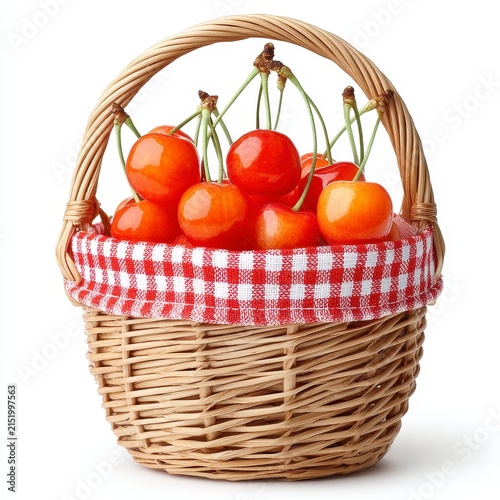 Ripe Red Cherries in a Wicker Basket with Checkered Lining
