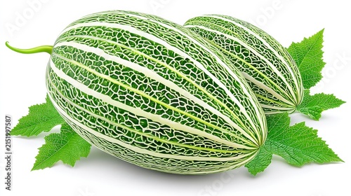 Striped Green and White Melons on Leaves