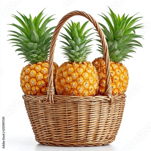 Three Ripe Pineapples in a Wicker Basket on White Background